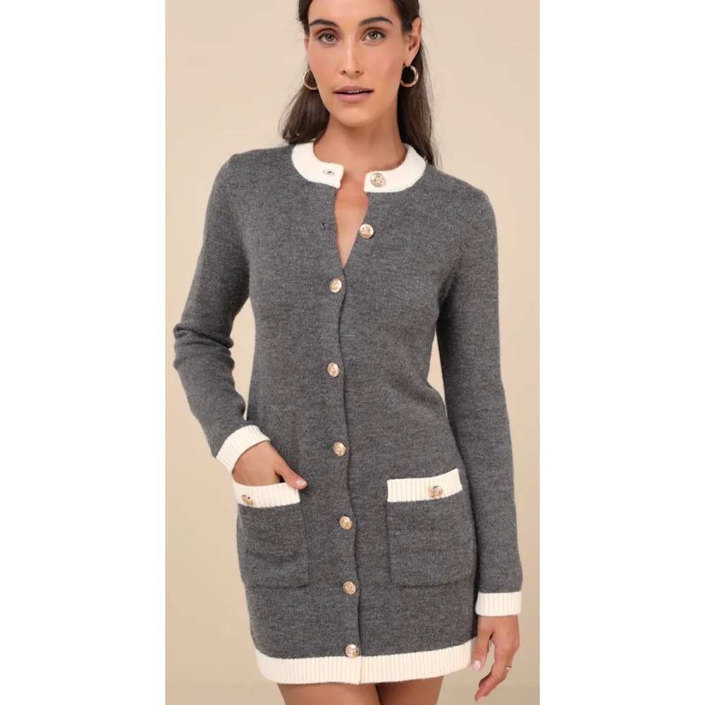 Lulus NWT Sophisticatedly Cozy Grey and Ivory Button-Up Sweater Mini Dress Small